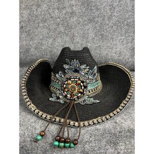 Whittall & Shon Hat Cowboy Fitted Womens Size 7 Black Beaded Western Wide Brim
